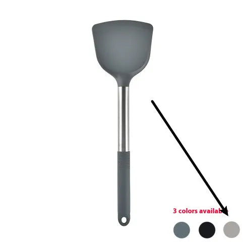 12-piece silicone kitchenware set with rotating storage bucket showing utensils in black, dark grey or khaki colours