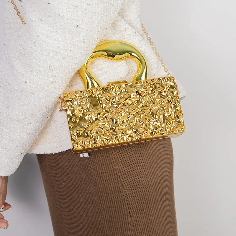Mini acrylic crossbody bag with gold chain, horizontal square shape, retro style, Golden Ripples colour