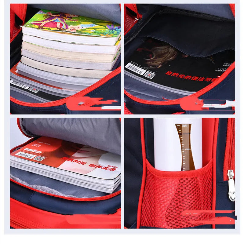 Blue children's school backpack with anime cartoon printing showing front pocket and shoulder straps