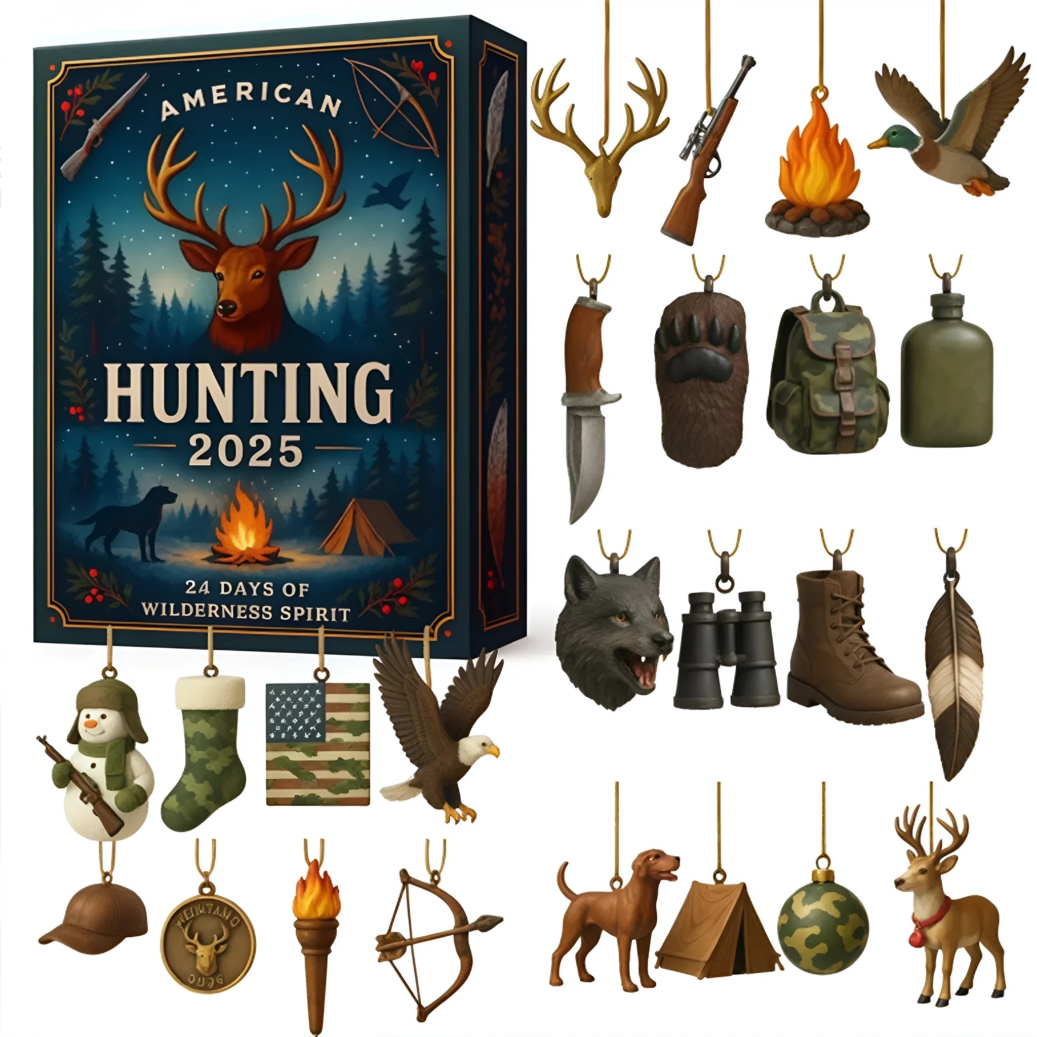Clear acrylic hunting-themed advent calendar blind box ornament hanging on Christmas tree