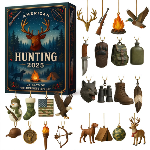 Clear acrylic hunting-themed advent calendar blind box ornament hanging on Christmas tree