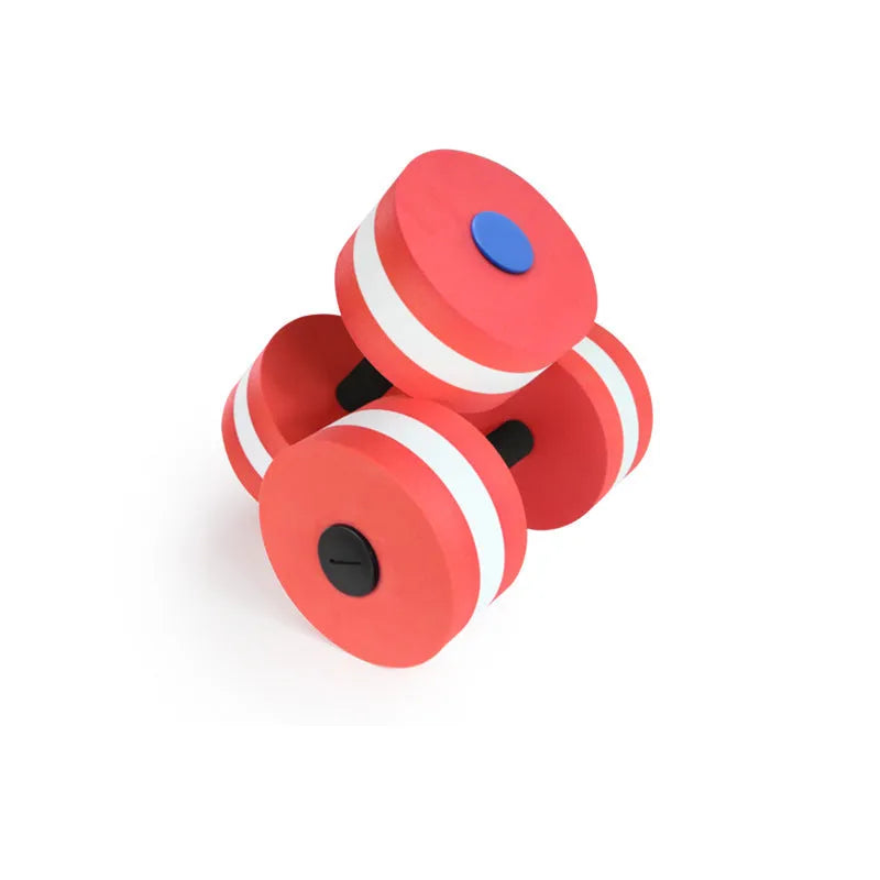 Pair of Rose Red EVA foam water aerobics dumbbells measuring 15cm with snap-type assembly