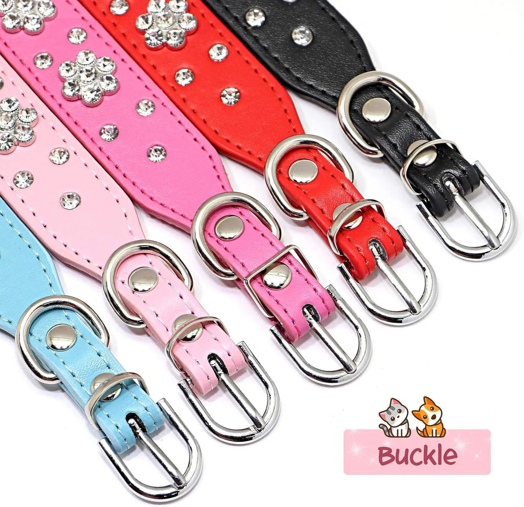 Decorative black PU leather dog collar with studded rhinestone flower pattern and silver metal D-ring.