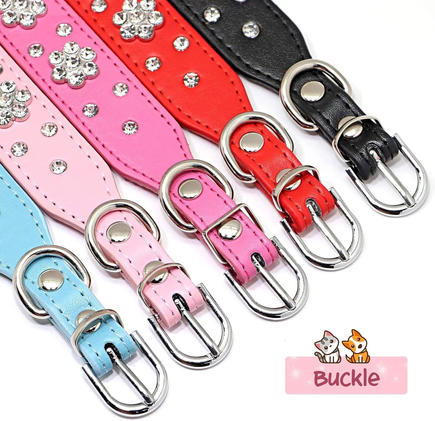 Decorative black PU leather dog collar with studded rhinestone flower pattern and silver metal D-ring.