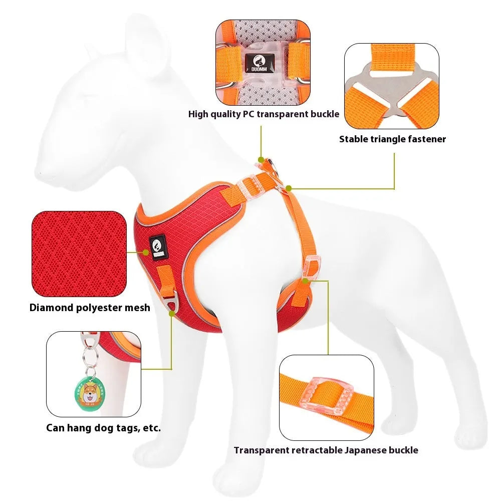 Adjustable breathable dog harness with reflective piping in black, red, grey, or light purple colour options