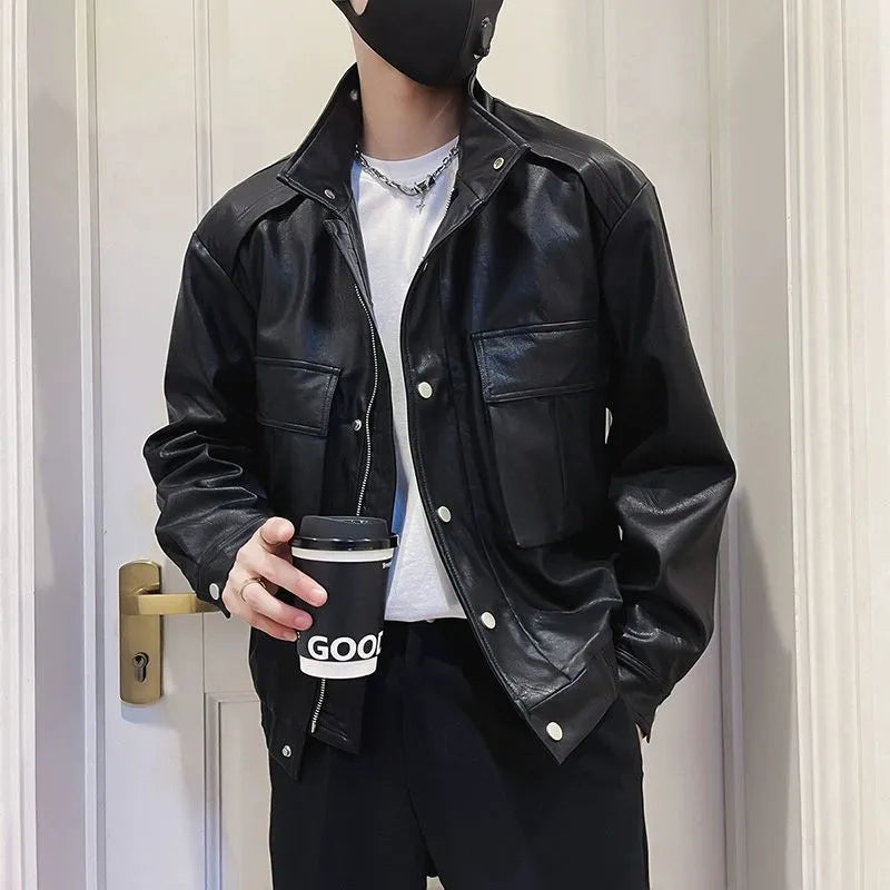 Men's black PU leather Korean-style pilot jacket with straight hem and side pockets.