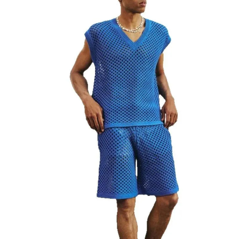 Men's blue V-neck sleeveless vest and matching shorts sports suit on a hanger