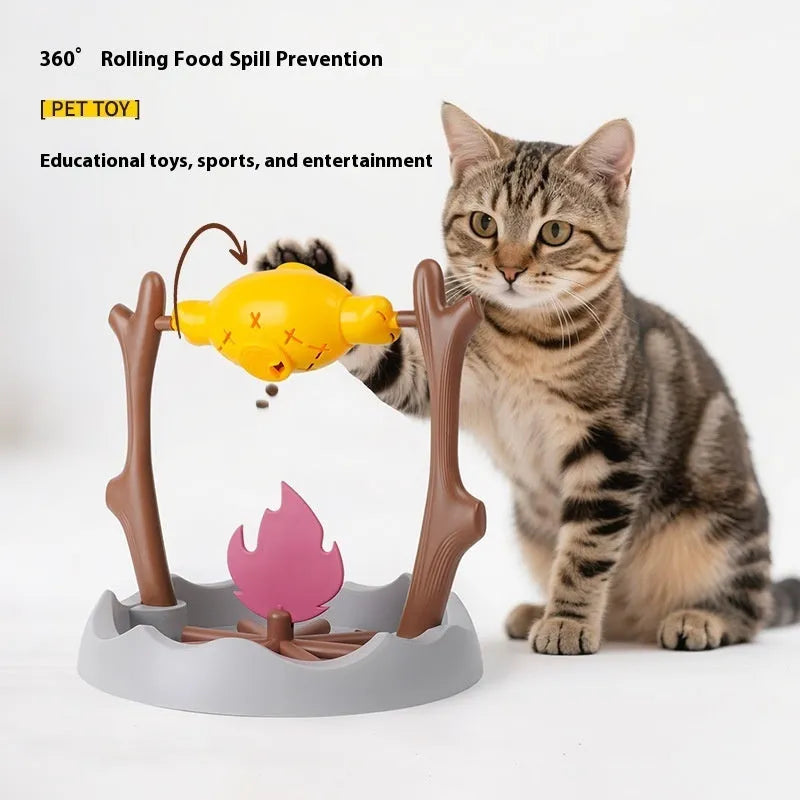 Large barbecue-themed tumbling cat feeder toy for slow feeding and play.