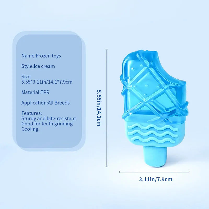 Assorted dog cooling toys including water-filled popsicles, silicone pacifier chews, and rope-attached ring in bright colours