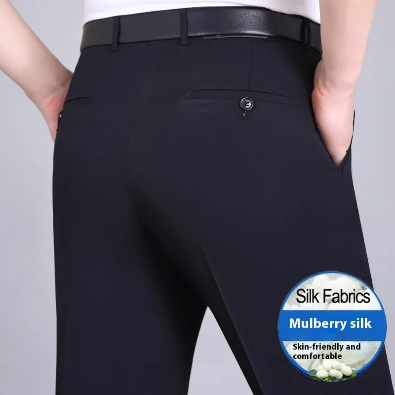 Men's straight leg formal trousers in a dark blue colour, showcasing the high waist and non-iron fabric blend.