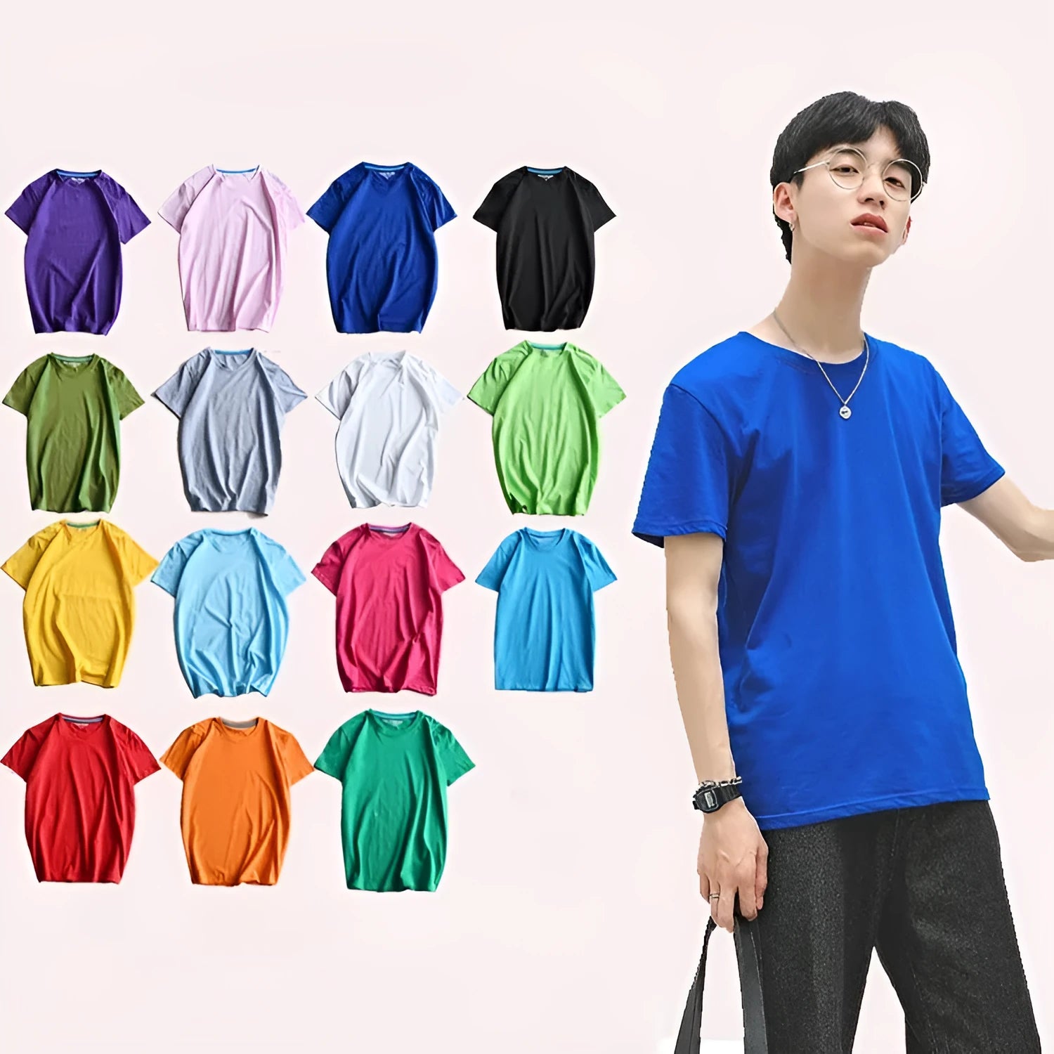 Men's solid colour round neck t-shirt in combed cotton fabric shown in multiple colour options