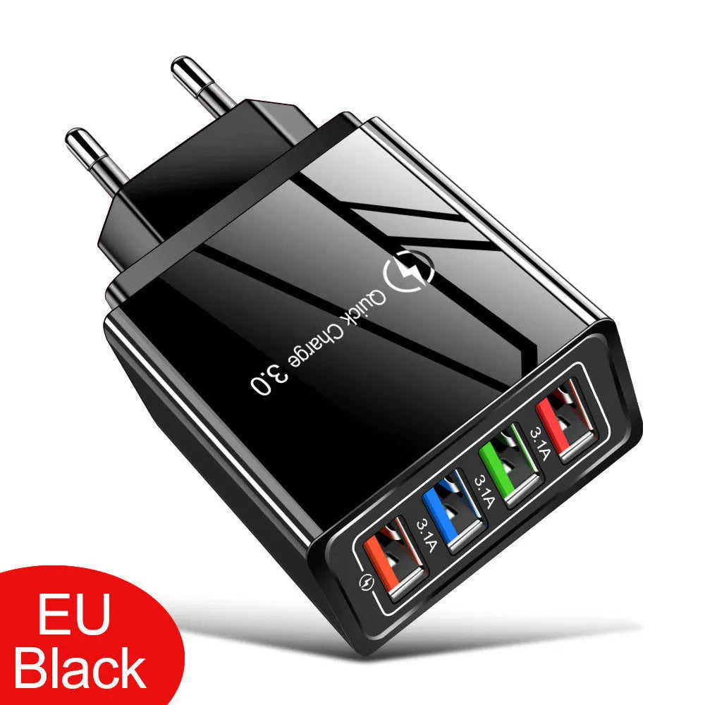 Multi-port USB charging head with four ports, PC+ABS housing in black, white, and blue options