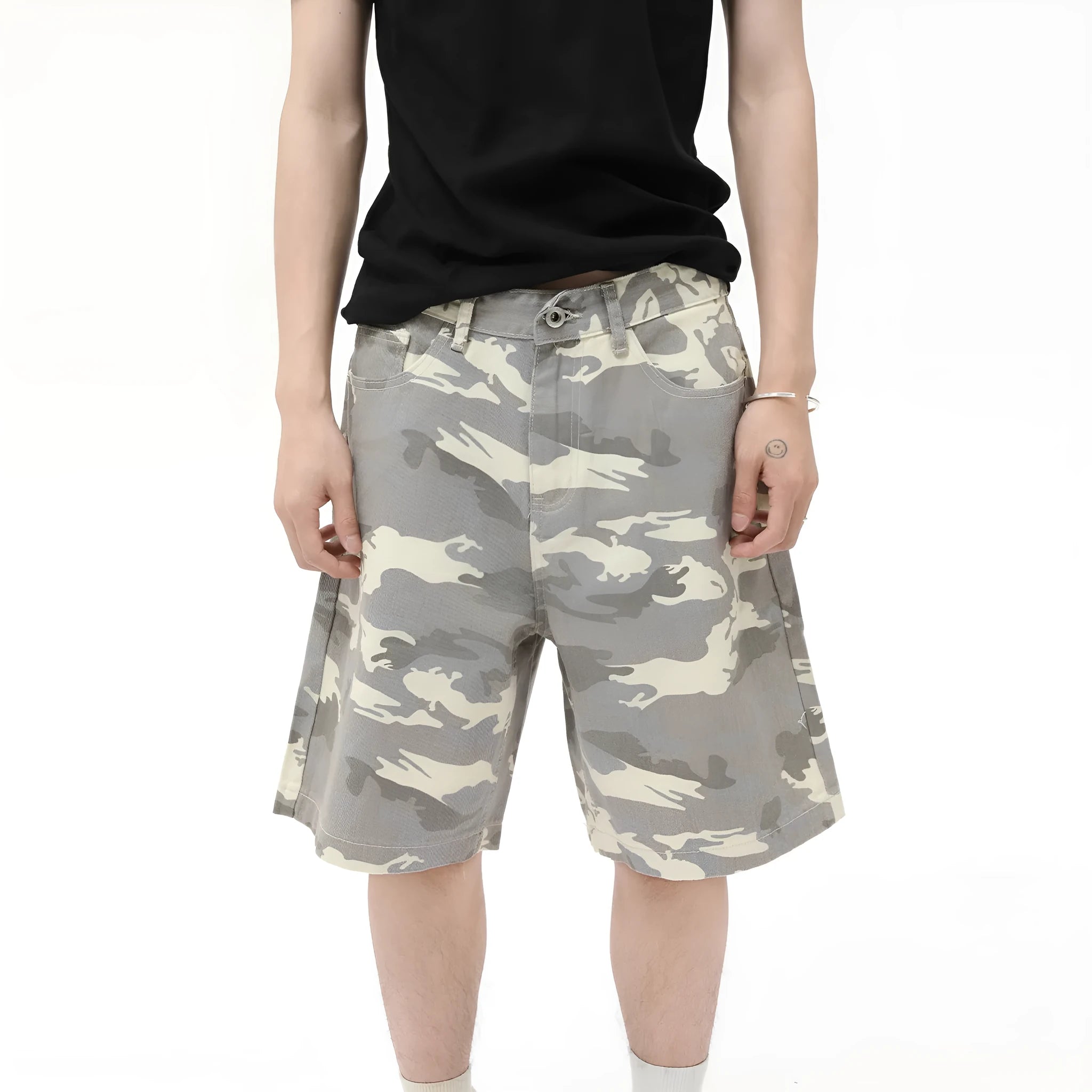 Men's American-style camouflage loose wide leg cotton denim shorts with zipper fly