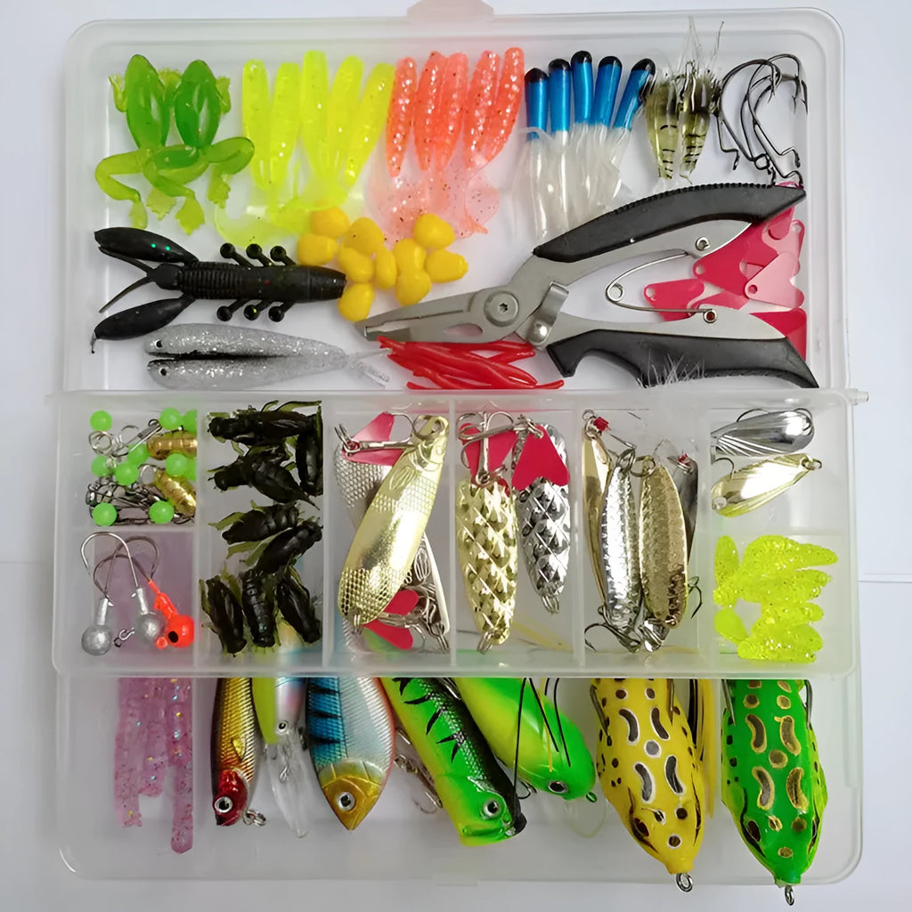142-piece fishing lure set showing hard mino plastic lures, sequins, fishhooks and fishing pliers