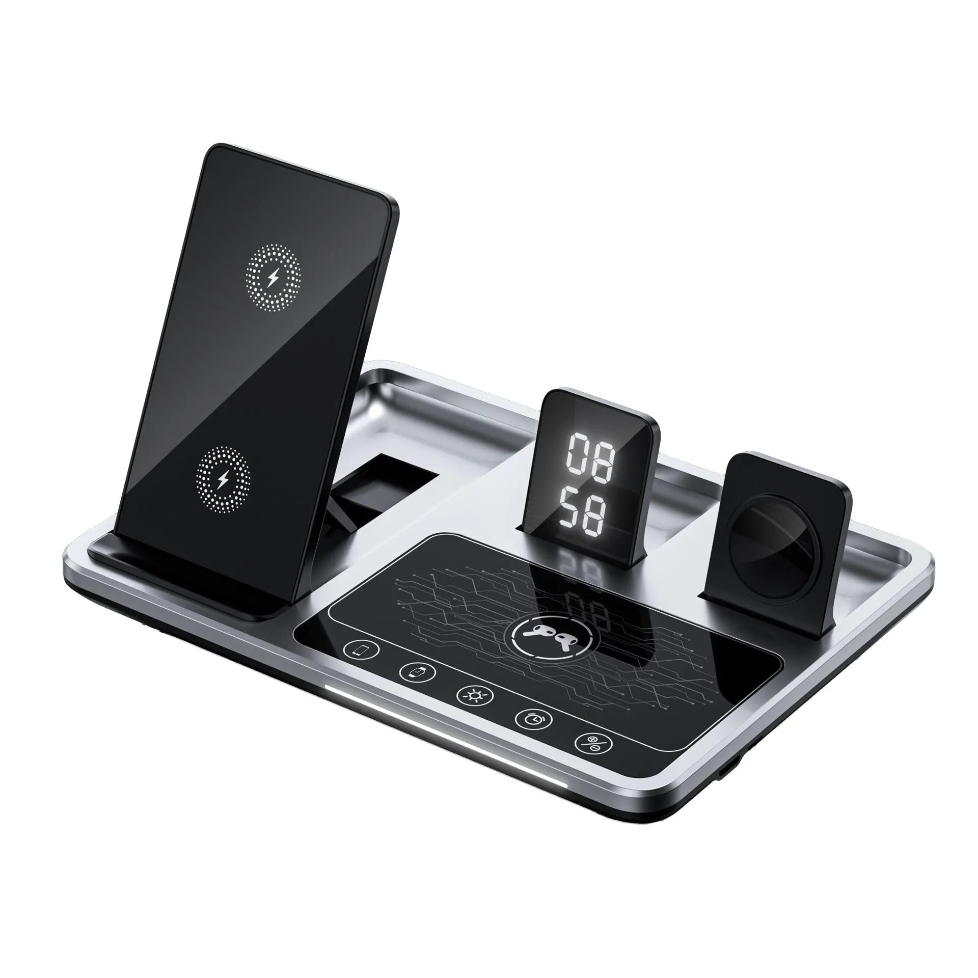 Multifunctional wireless fast charging clock with folding bracket, black plastic version, charging a phone upright