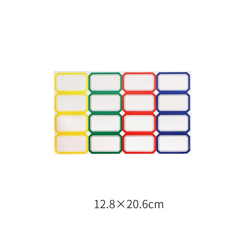 Handwritten label indicating adhesive stickers in white with multiple grid formats and colour options