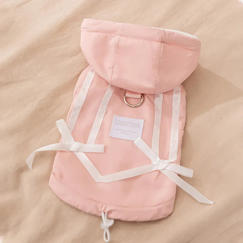 Winter fleece cat clothes with bow warm down jacket for kittens and dogs in pink, padded design with hood