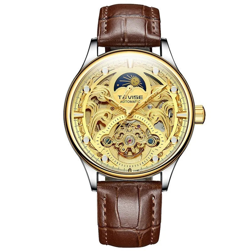 Men's gold leather strap automatic waterproof business watch with mechanical movement