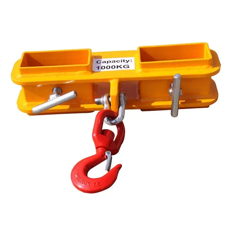 Forklift crane hook attachment with rotatable drum and safety locking mechanism