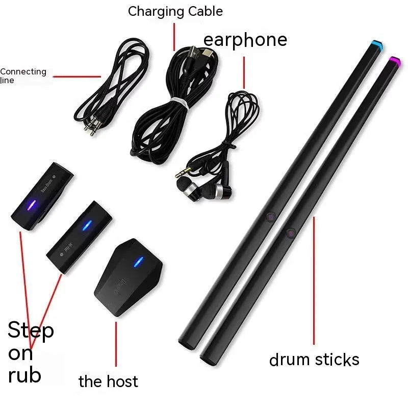 Black wireless somatosensory air drum kit host unit with two drumsticks on a stand.