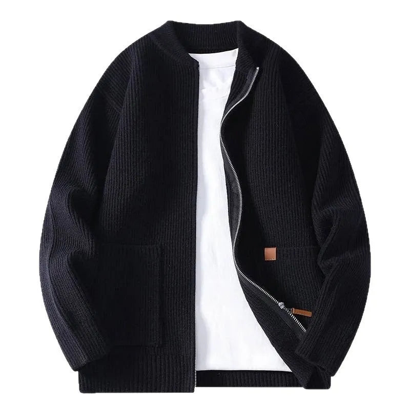 Men's striped sweater cardigan jacket in chemical fibre blend fabric shown in straight cut design