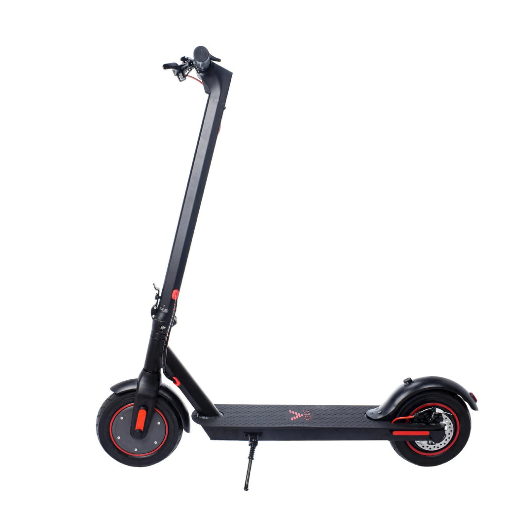 Black aluminium alloy electric folding scooter with 10inch tyres and disc brake on a flat surface