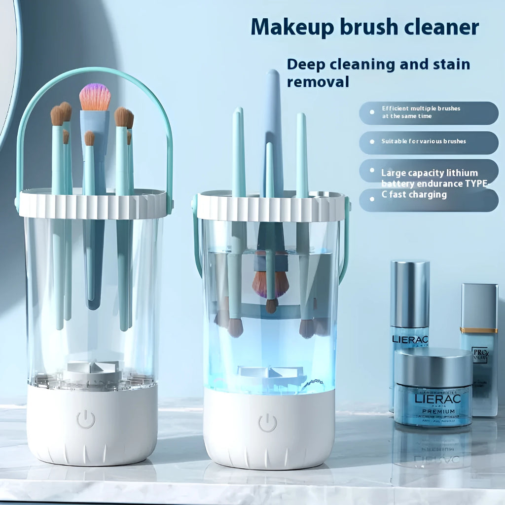 White rechargeable electric makeup brush cleaner with 24 cm plastic housing and USB cable