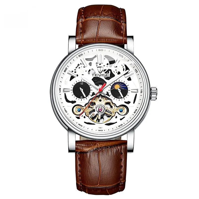 Men's black dial mechanical tourbillon watch with luminous hands on a stainless steel bracelet.