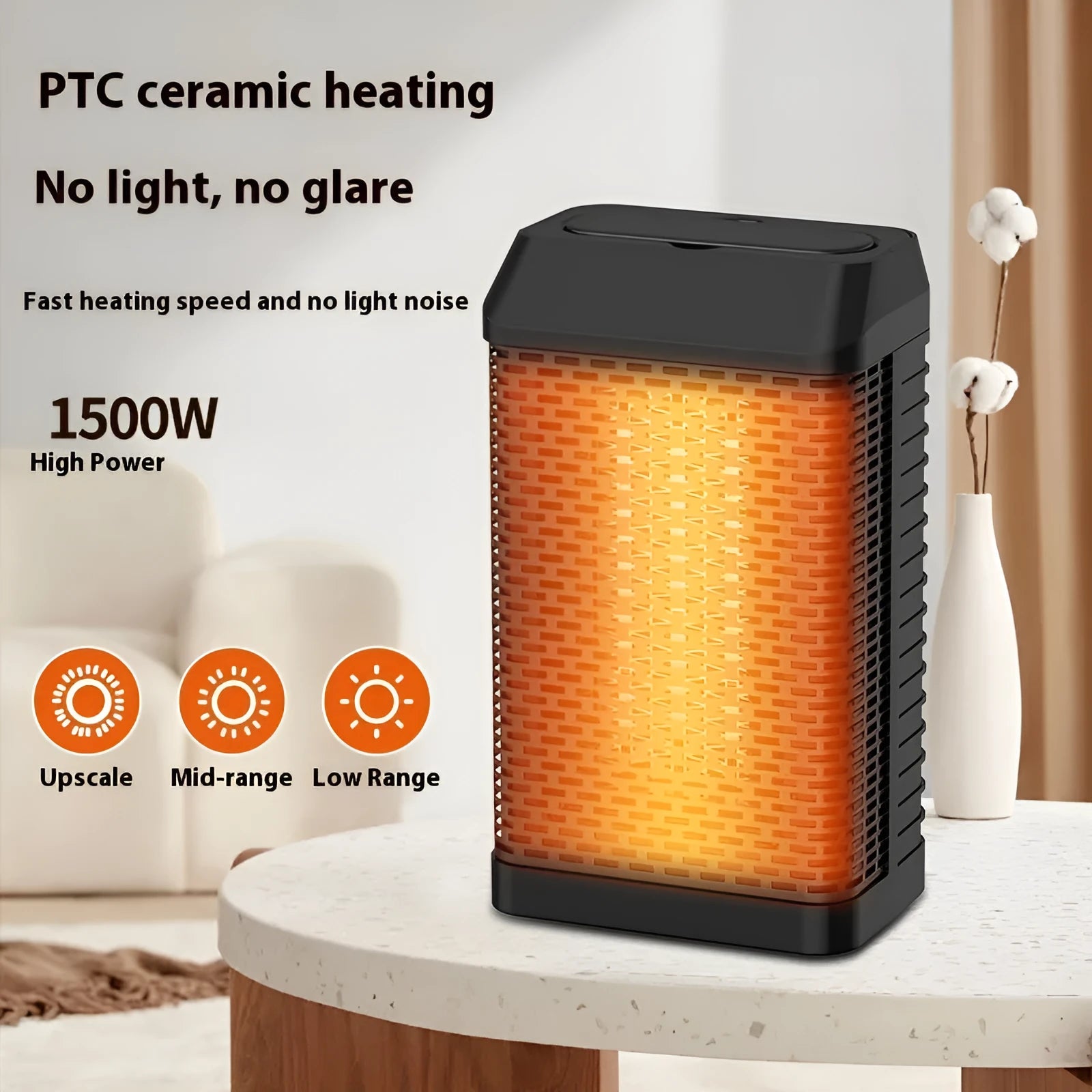 Black remote control desktop warm air blower heater with shaking head, dimensions 14.5x10x26cm