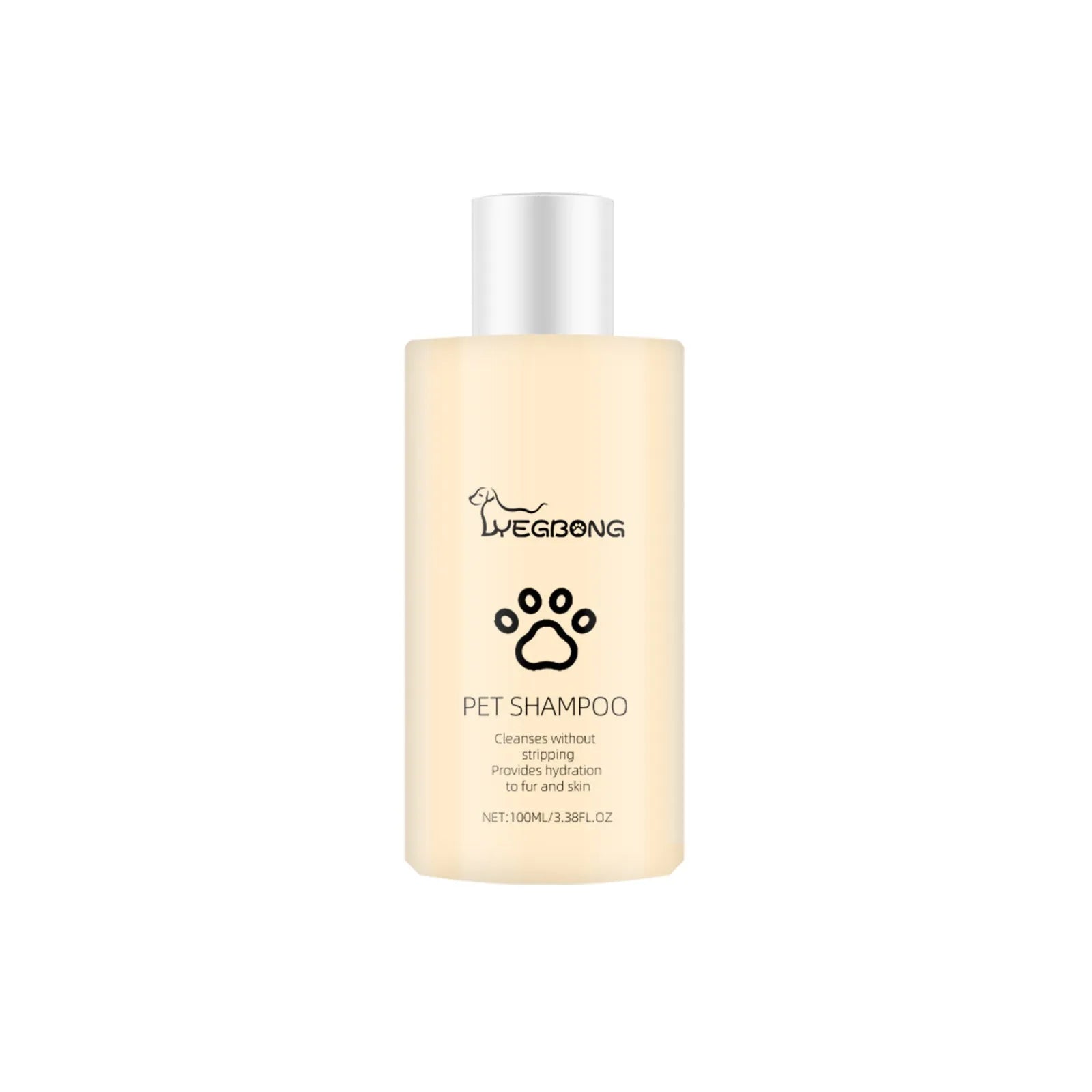 A bottle of mild pet shampoo for dogs and cats, available in 100ml and 300ml sizes.