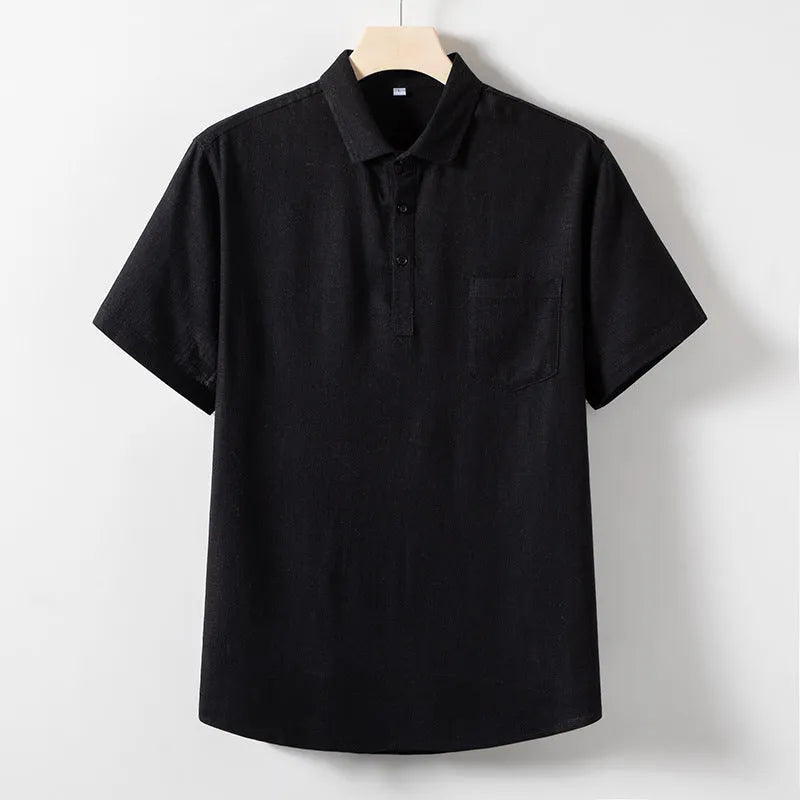 Men's loose lapel linen-blend t-shirt in black, optic linen, or white, short sleeve pullover style.