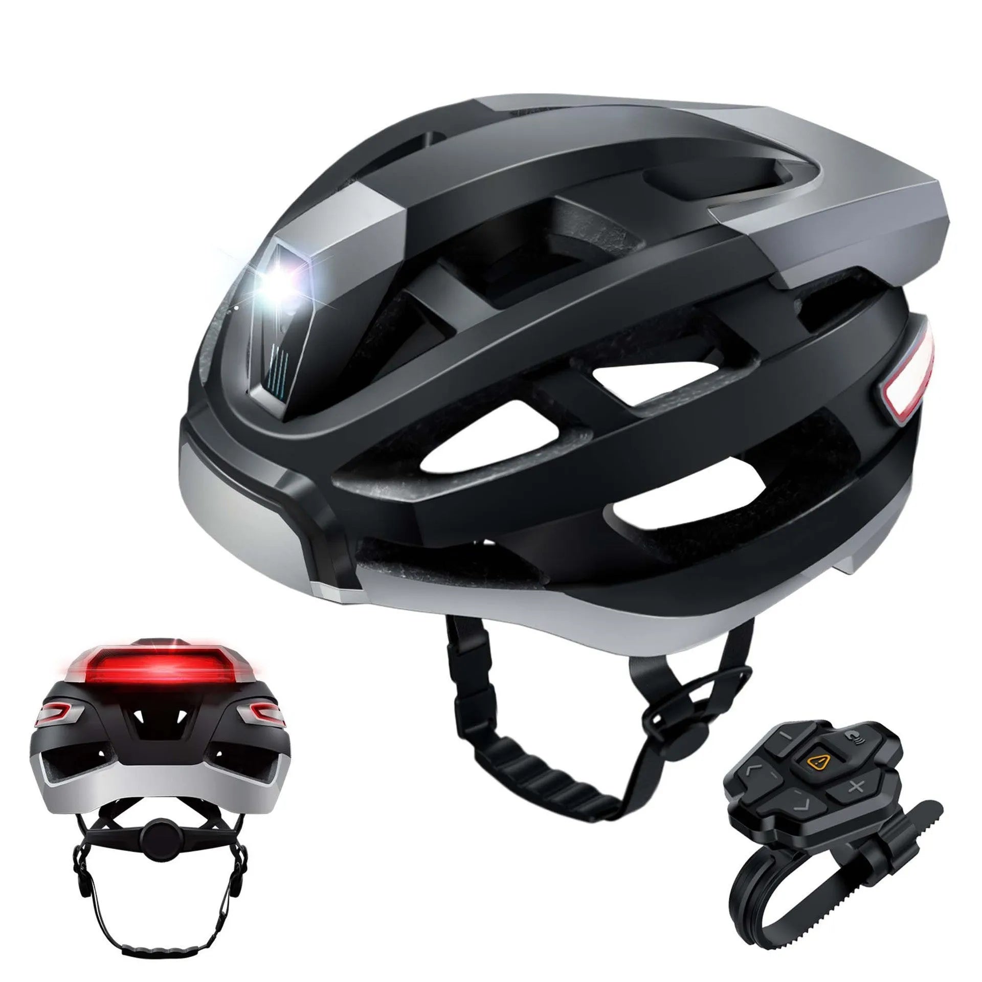 Black and grey smart cycling helmet with integrated Bluetooth warning light on the rear.