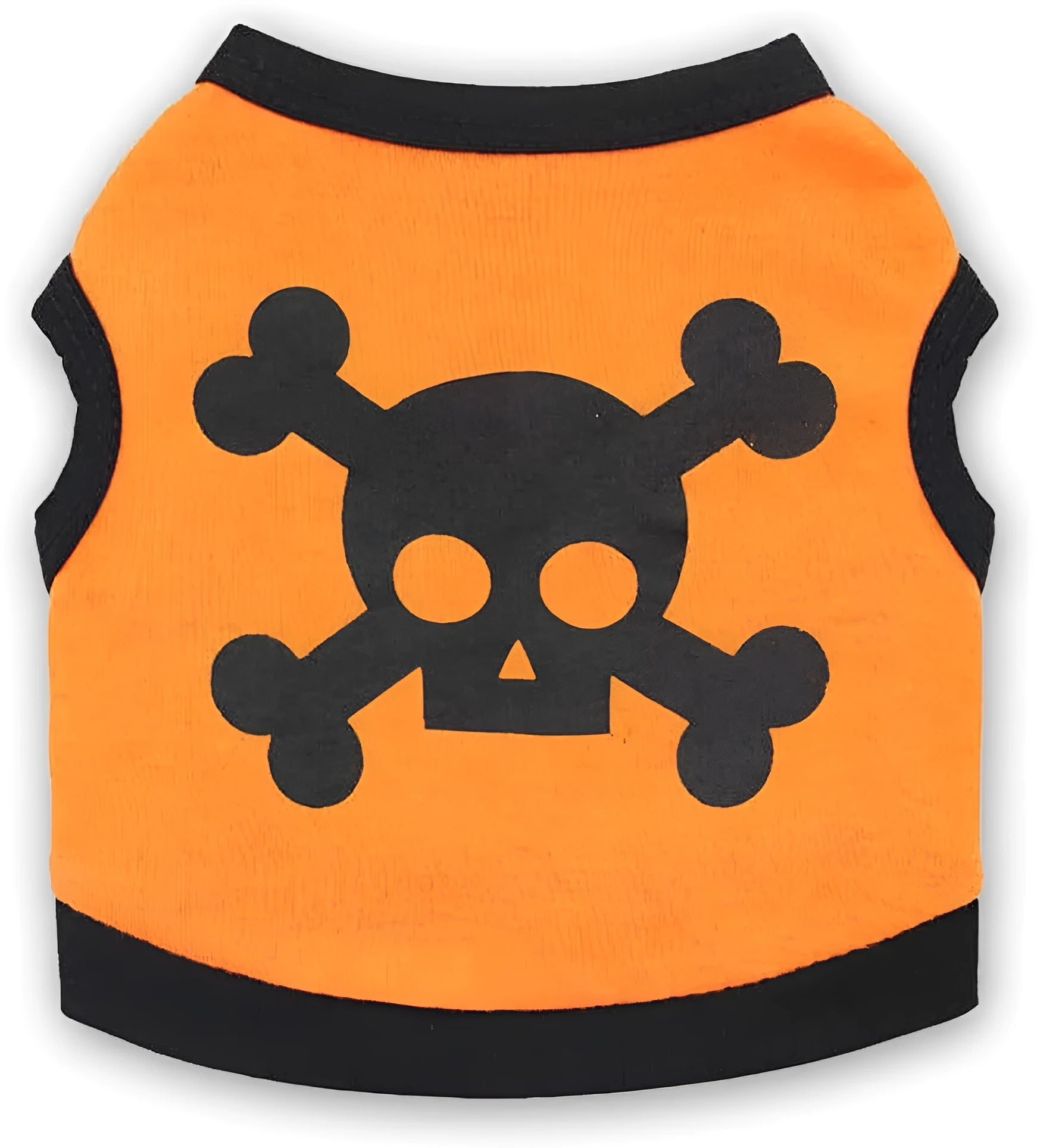 Pack of five Halloween dog vests in blue, orange, and purple with skull and bones pattern on white background