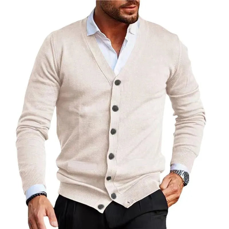 Men's slim fit acrylic cardigan sweater coat in dark grey, shown open over a t-shirt.