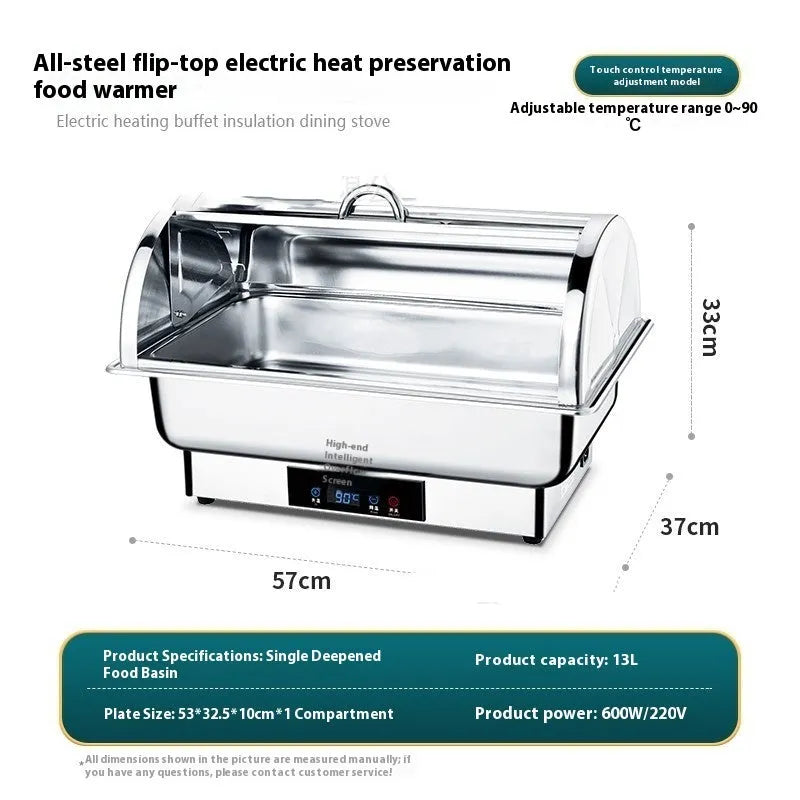 Stainless steel transparent flip buffet stove with LCD temperature control showing multiple grid configurations