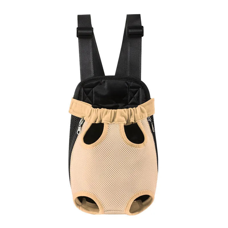 Convertible dog carrier backpack worn on front with small dog inside, showing adjustable straps and breathable mesh panels