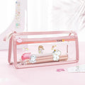 Large transparent double-layer pencil case in blue showing internal compartments, dimensions 220x110x80mm.