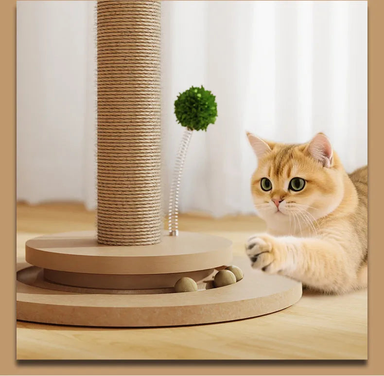 Vertical cat climbing frame with hemp rope wrap on density plate core in Canna colour