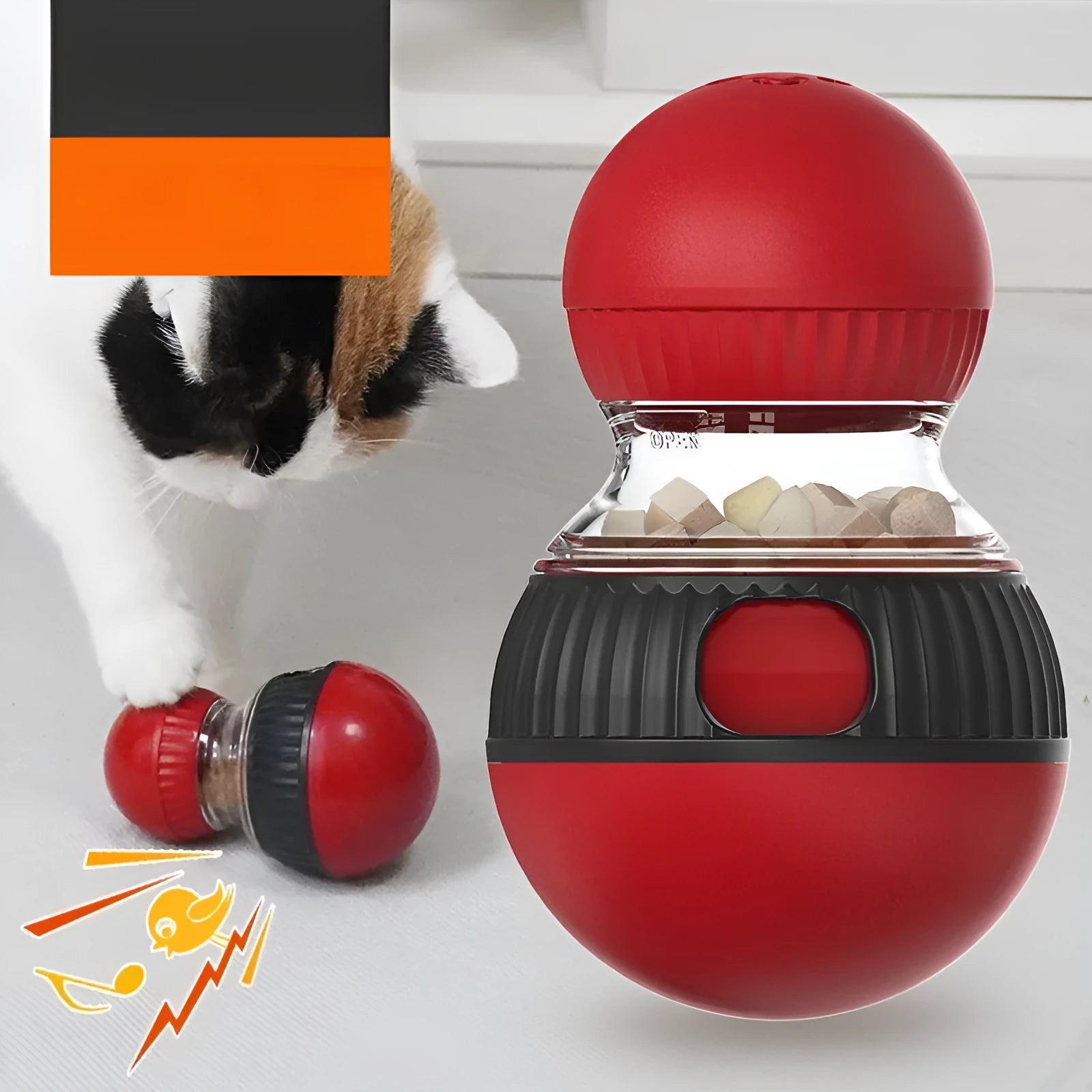 Rotating plastic cat toy with sound and food dropping function measuring 155mm