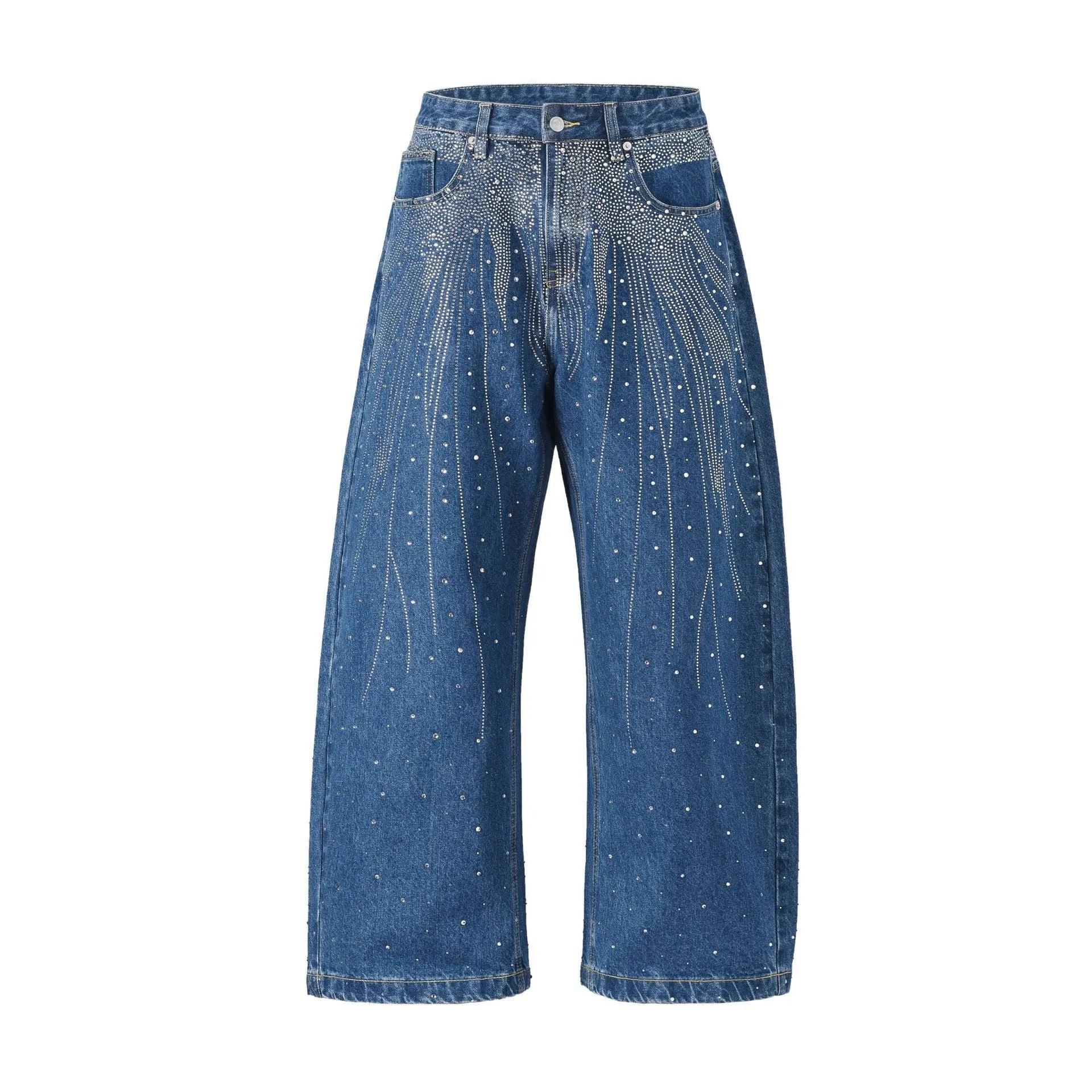 Blue loose-fitting cotton wide-leg trousers on a hanger, showing straight cut and regular sleeve style