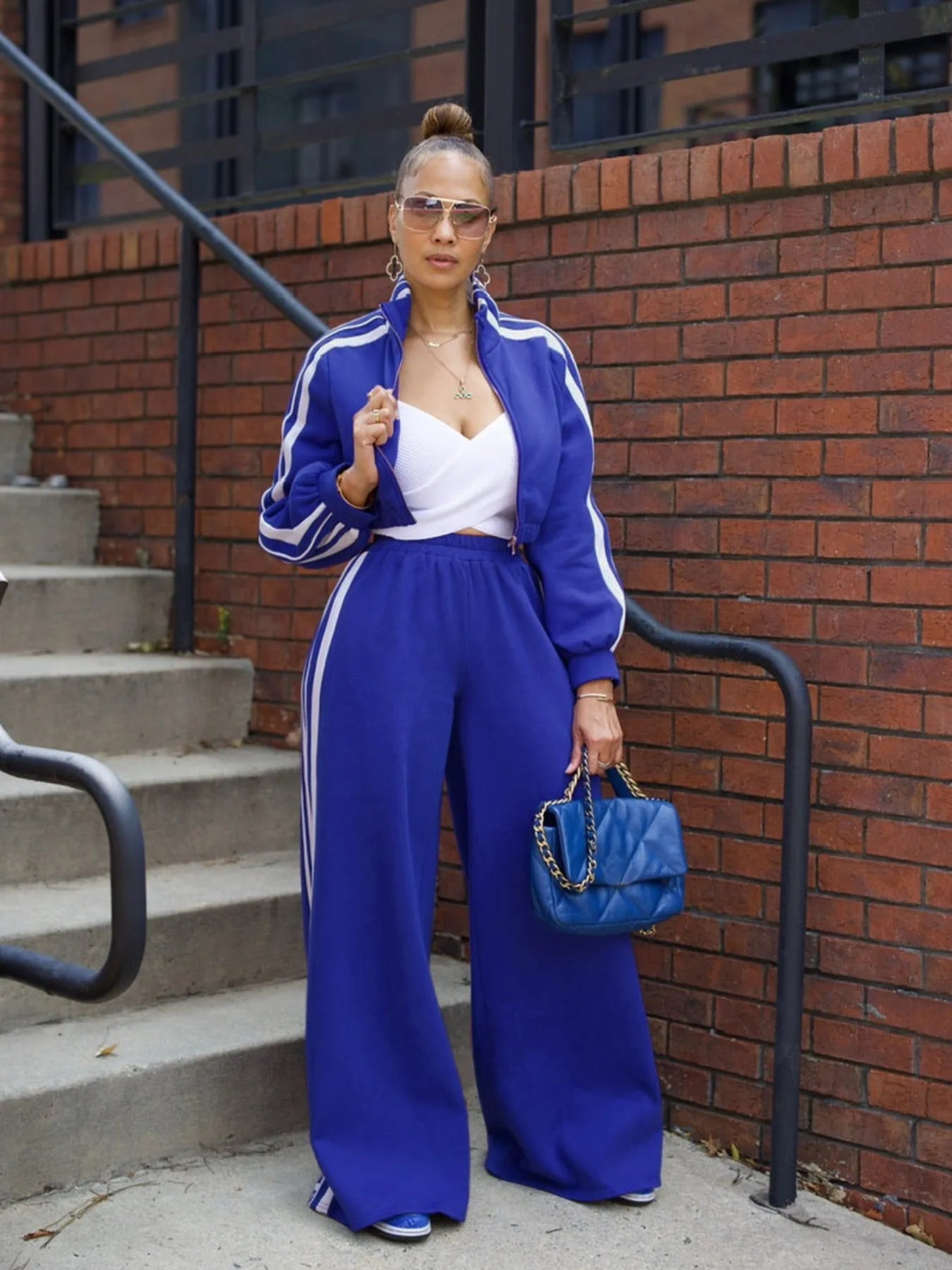 Striped suit zipper thickening sweater two-piece set in polyester fabric with street hipster styling
