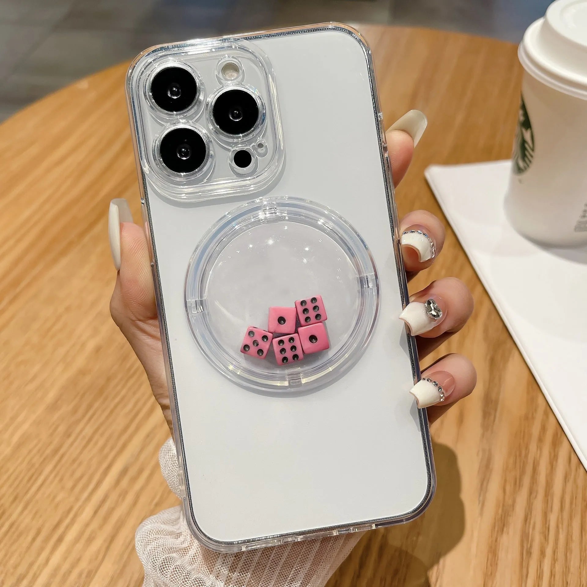 Creative roll dice phone case protective sleeve in white TPU for iPhone 15 series