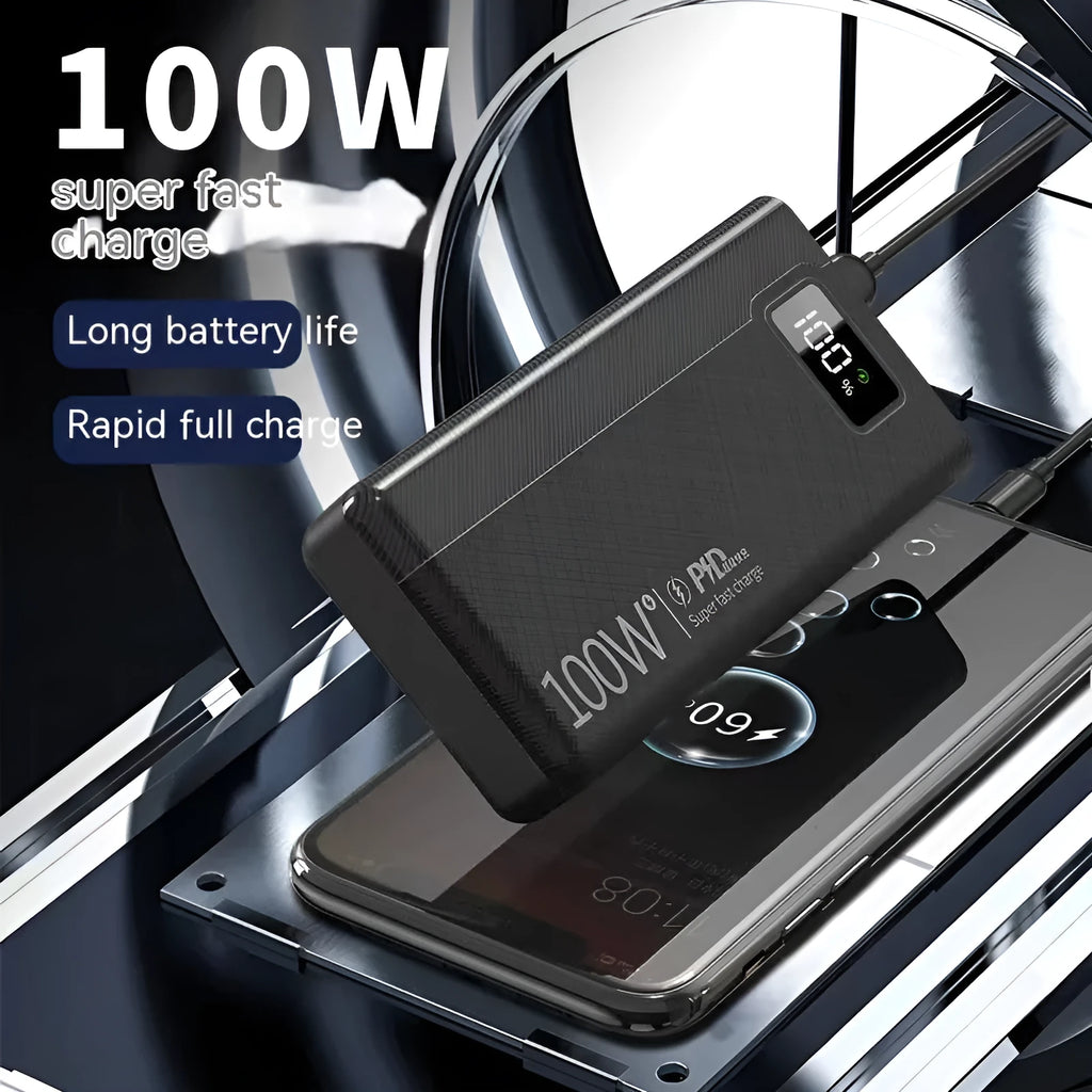 Large capacity power bank in black or white with plastic shell, showing fast charging capability and multiple capacity options