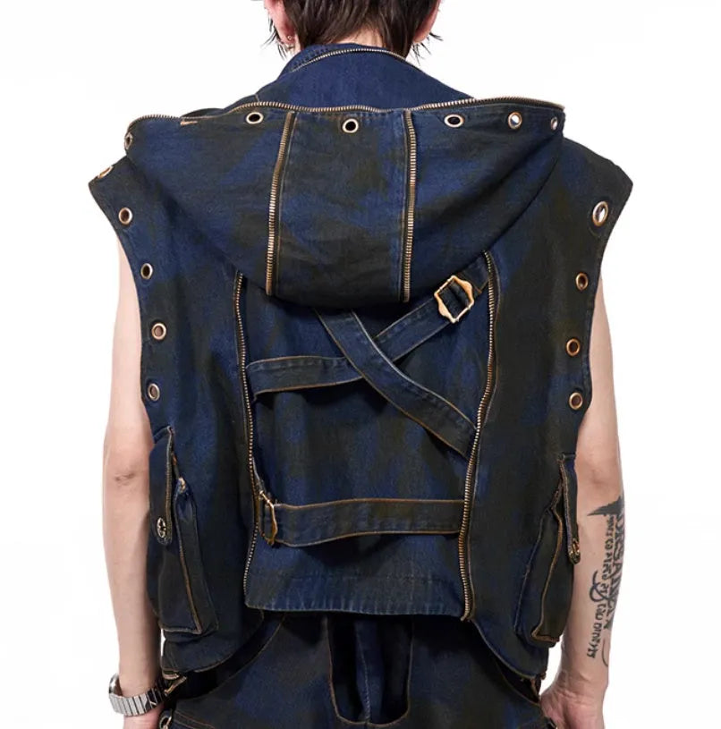 Blue hooded denim vest coat and matching trousers laid flat, showing zip front and Korean style design