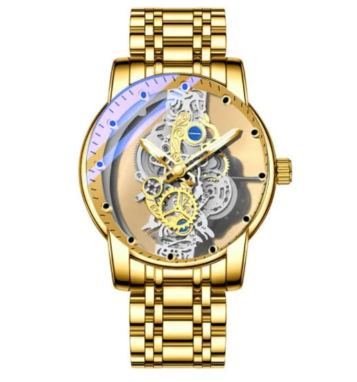 Men's skeleton quartz watch full gold steel with luminous dial and stainless steel strap