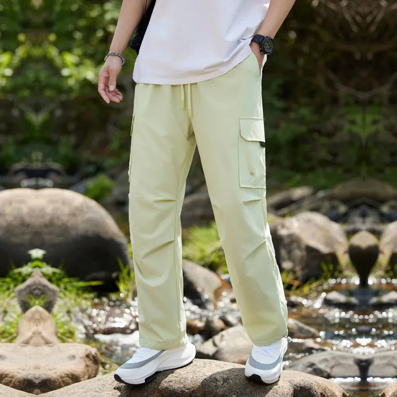 Men's quick-drying summer casual pants in polyester, cropped mid-waist style, colour khaki, size M