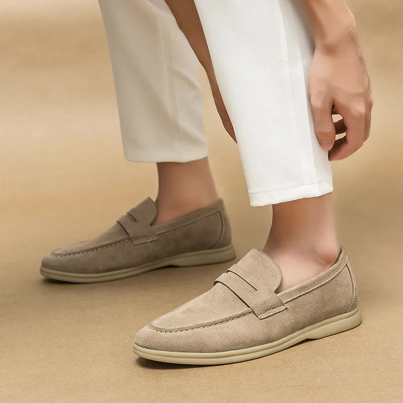 Men's leather slip-on casual shoe in beige with round toe and rubber sole