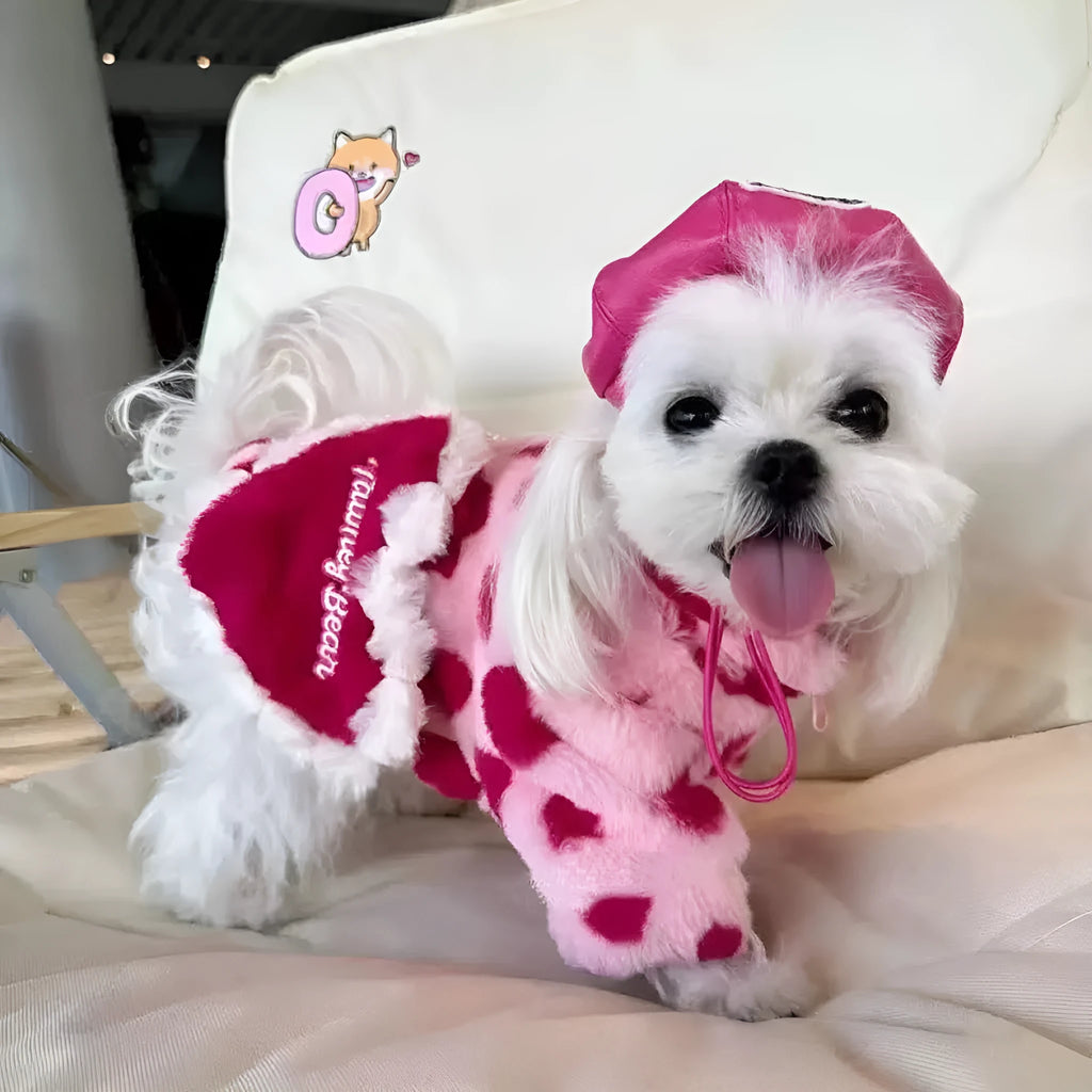 Pink polyester plush winter coat on small dog showing British-style pet clothing design