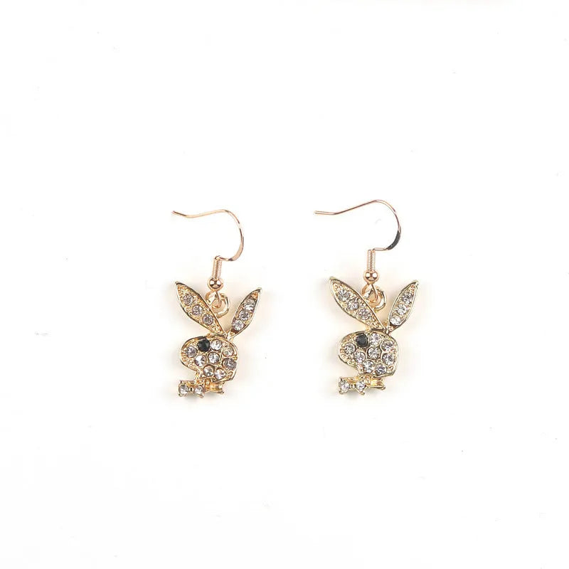 Rabbit-shaped stud earrings with diamond design in silver, pink, and gold alloy