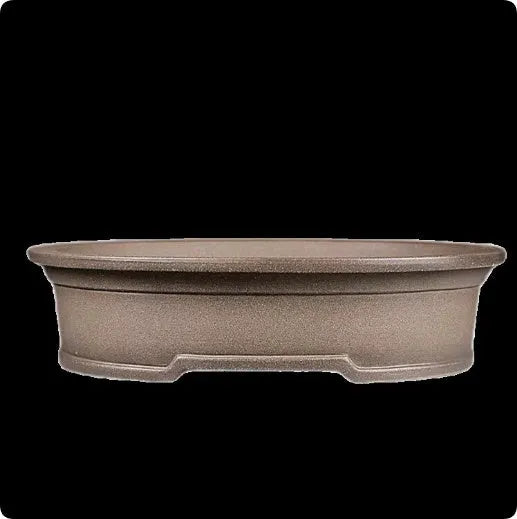 Handmade purple sand ceramic oval bonsai flower pot showing antique finish and 25cm length.